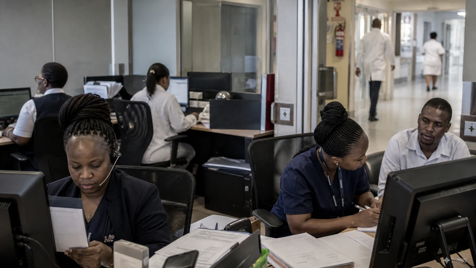 Diverse South African healthcare administration team reviewing operations in a modern services office.