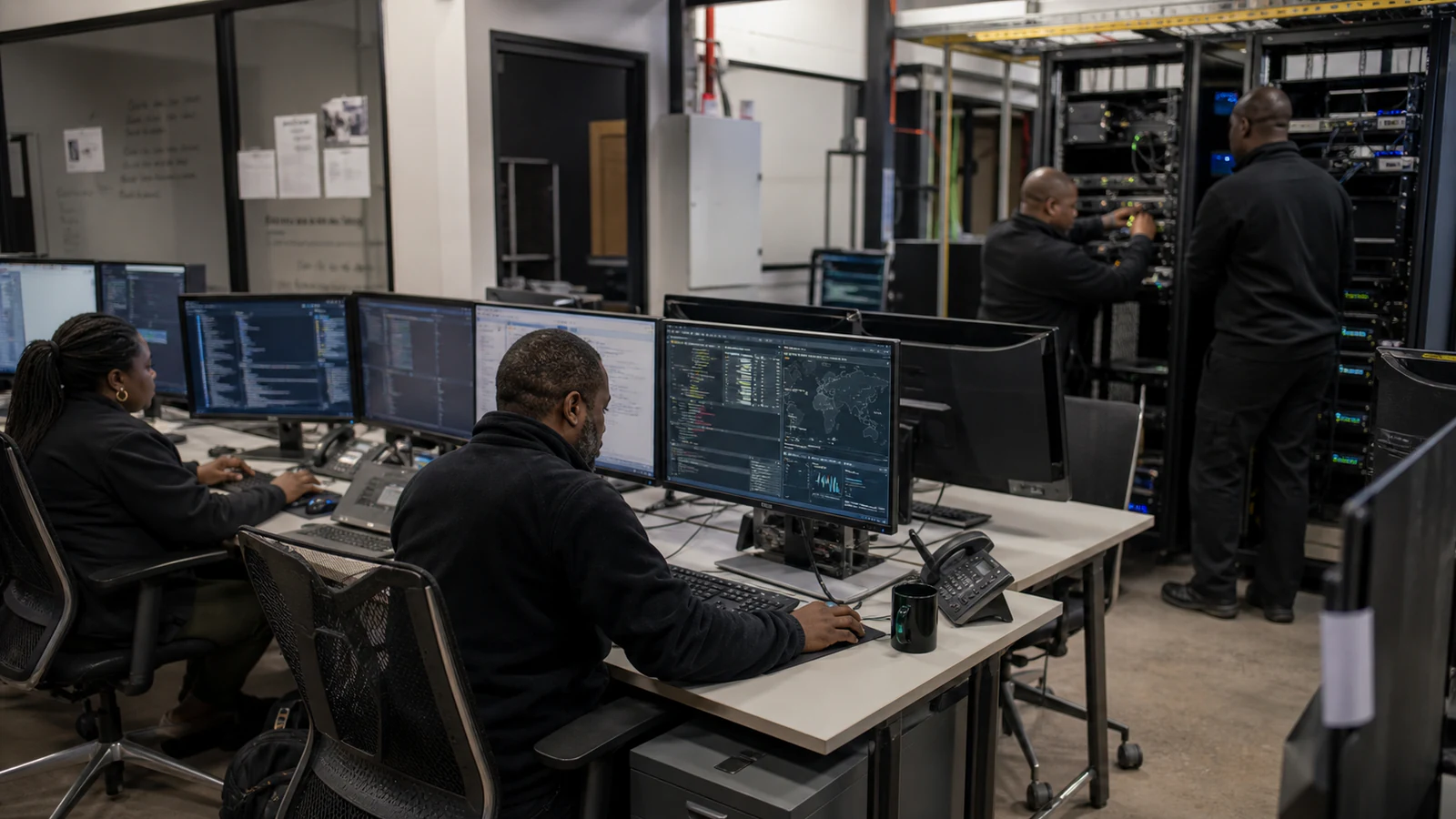 South African enterprise technology team responding to a systems issue in an operations centre.
