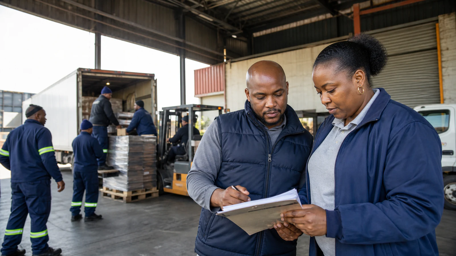South African logistics team coordinating dispatch operations at an intermodal warehouse depot.