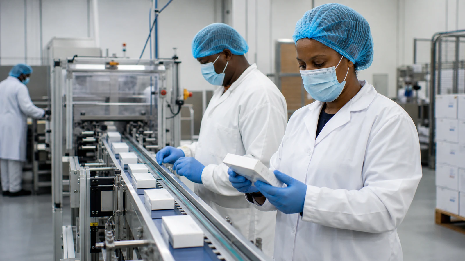 South African healthcare-products manufacturing team inspecting a sterile packaging line.
