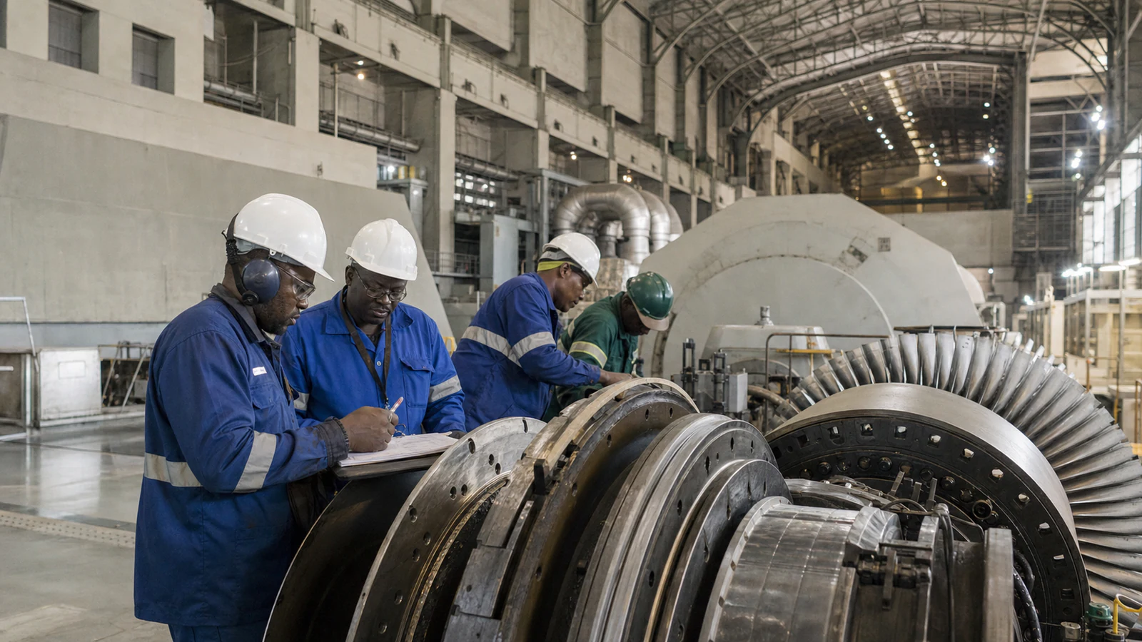 South African electricity engineers inspecting high-voltage substation equipment at sunrise.