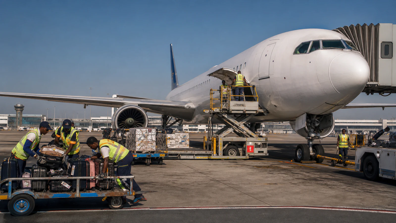 An unbranded passenger aircraft at a South African international airport representing the government’s renewed strategic equity partner process for SAA.