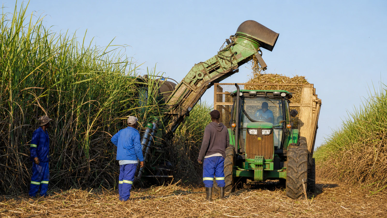 South African sugar-industry specialists inspecting a KwaZulu-Natal sugarcane harvest.