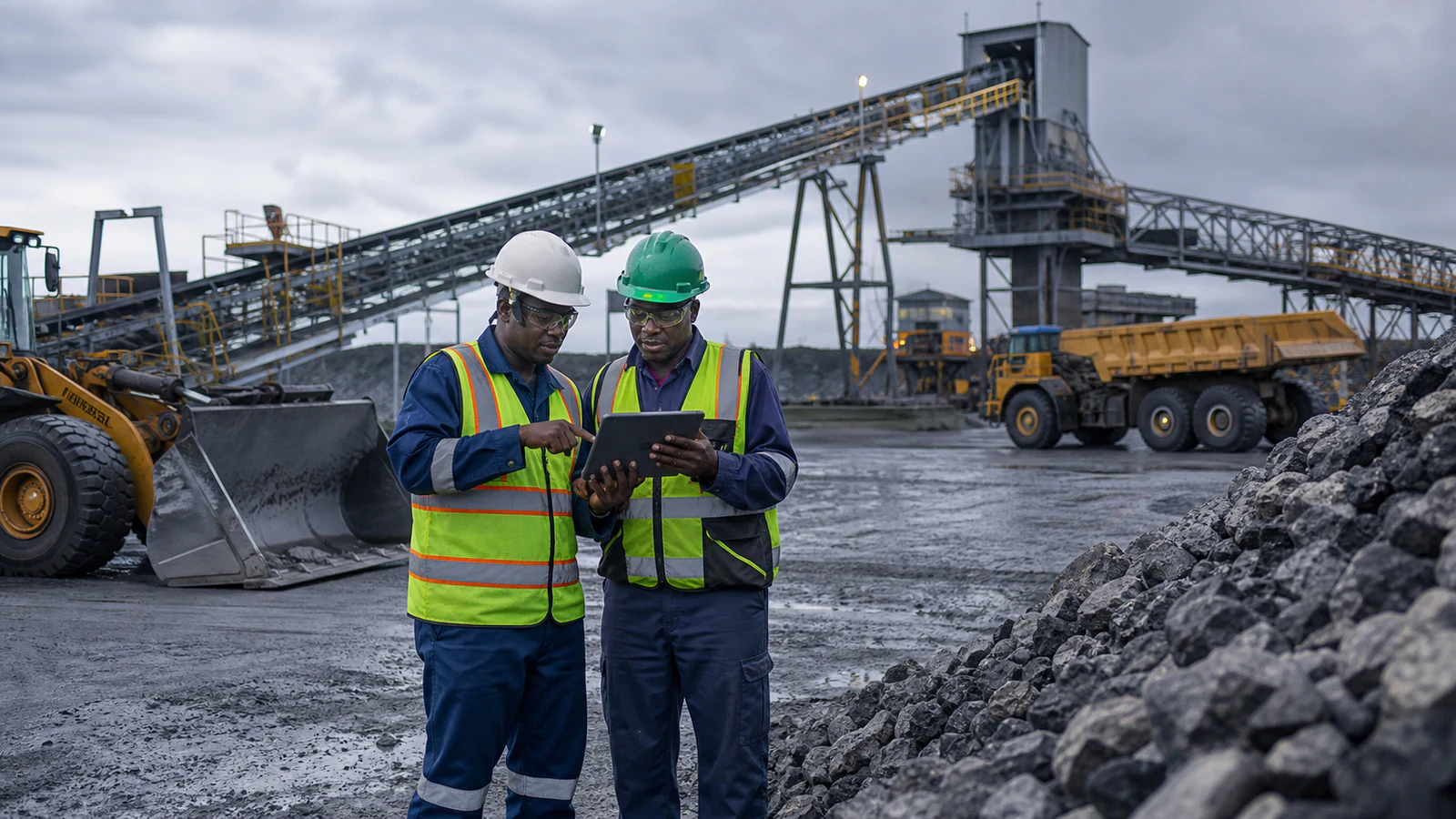 Mining worker overlooking heavy earthmoving equipment operating at a large South African mine.