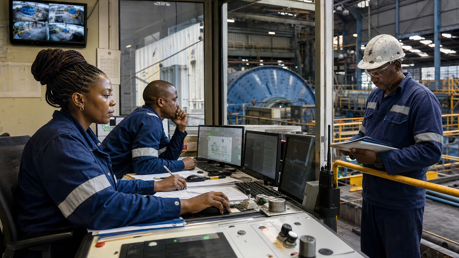 South African platinum-processing team reviewing ore samples at a concentrator plant.