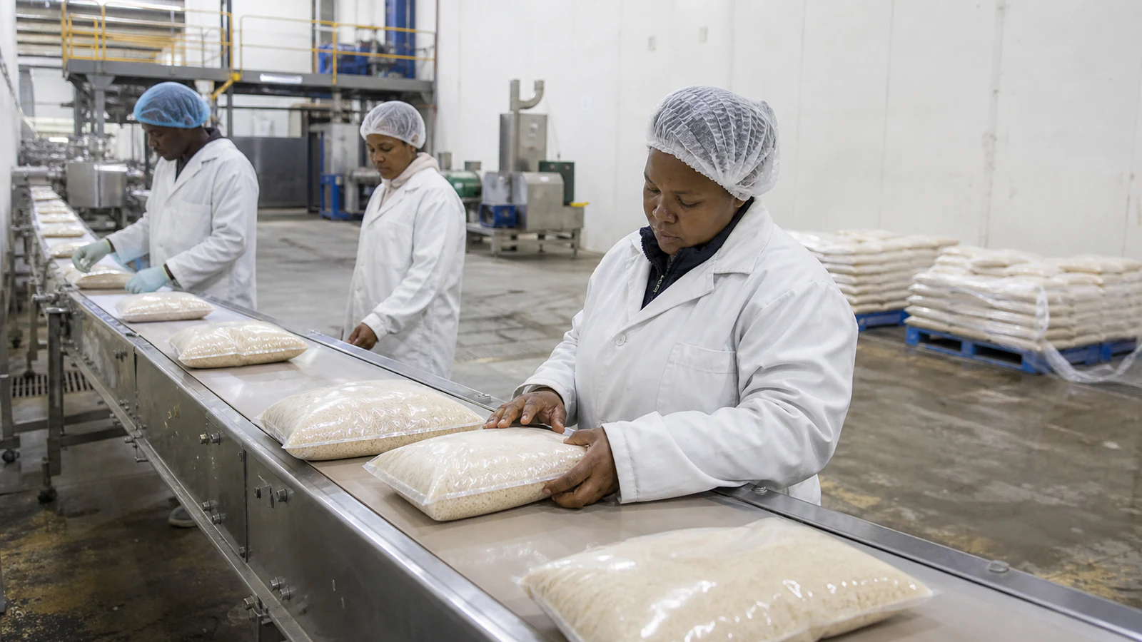 South African food-manufacturing team checking sealed products on an automated packaging line.