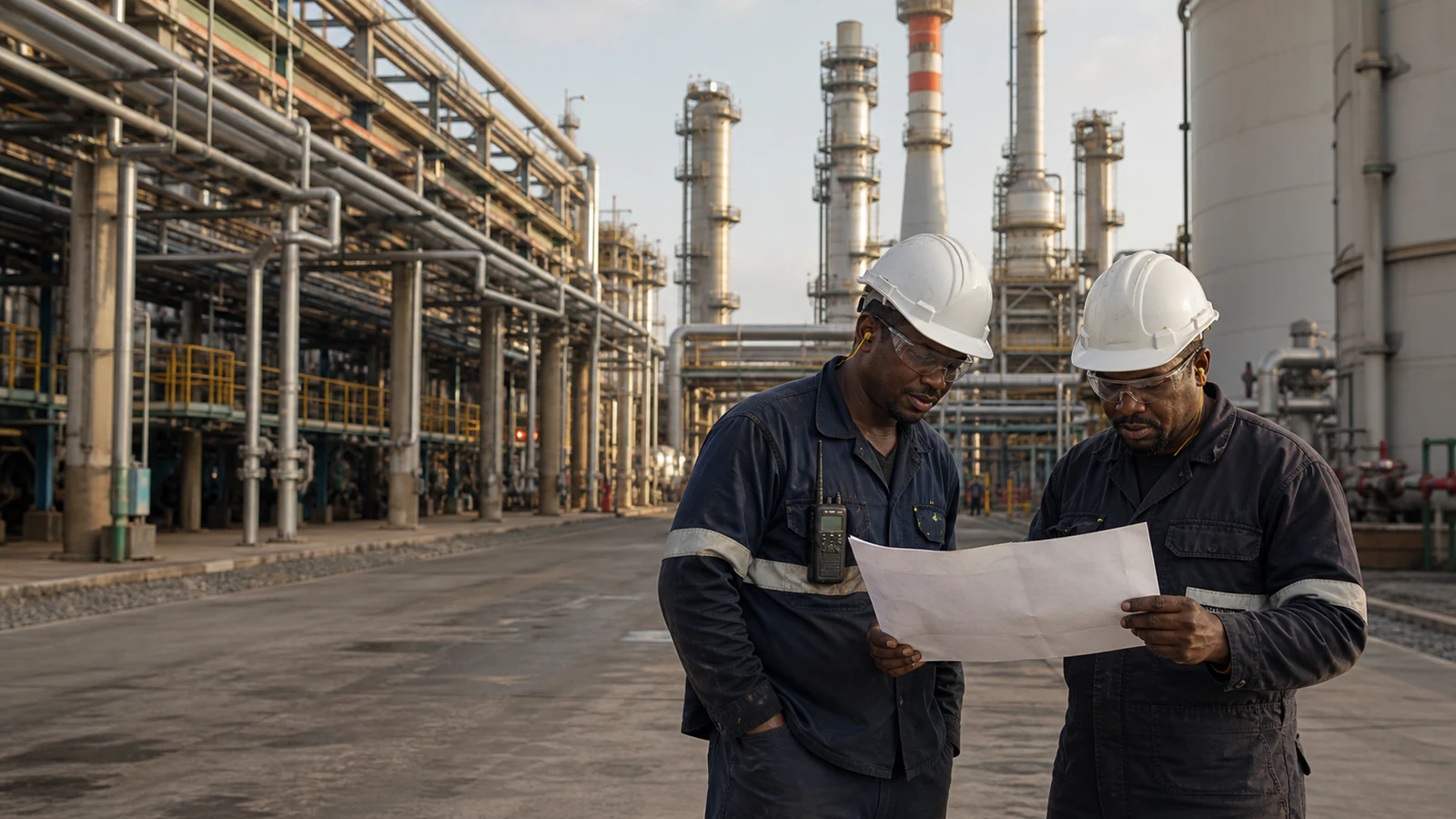South African petrochemical operations team reviewing plant performance at a refinery.