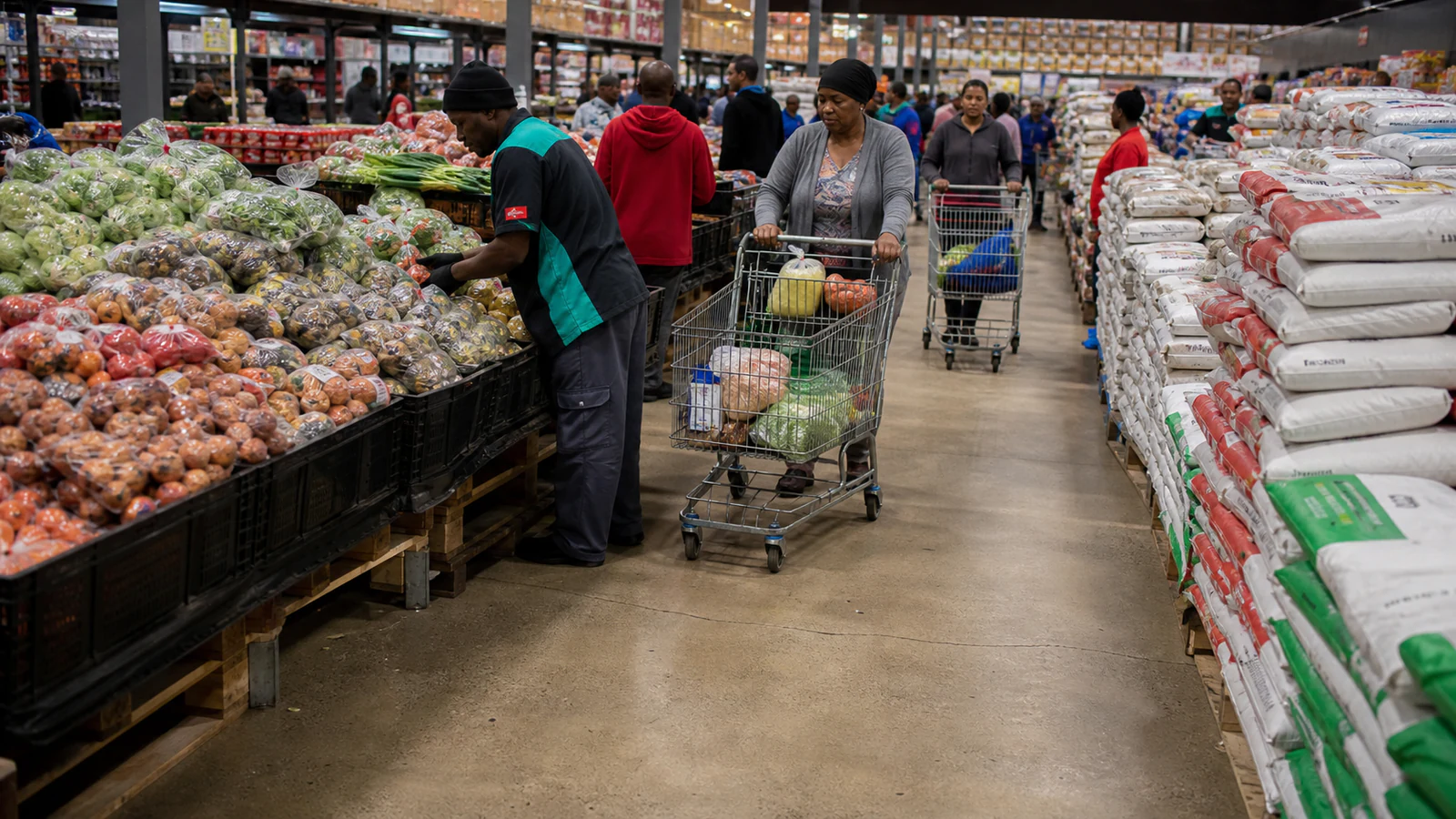 A busy South African supermarket interior with shoppers, grocery aisles and checkout activity, without visible branding or text.