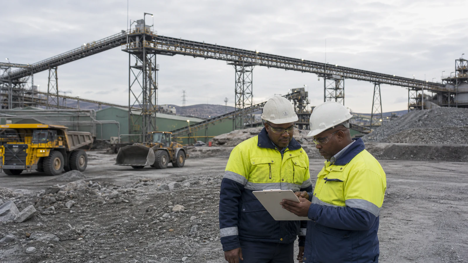 Diverse mining technical team holding a shift briefing in a South African underground platinum operation.