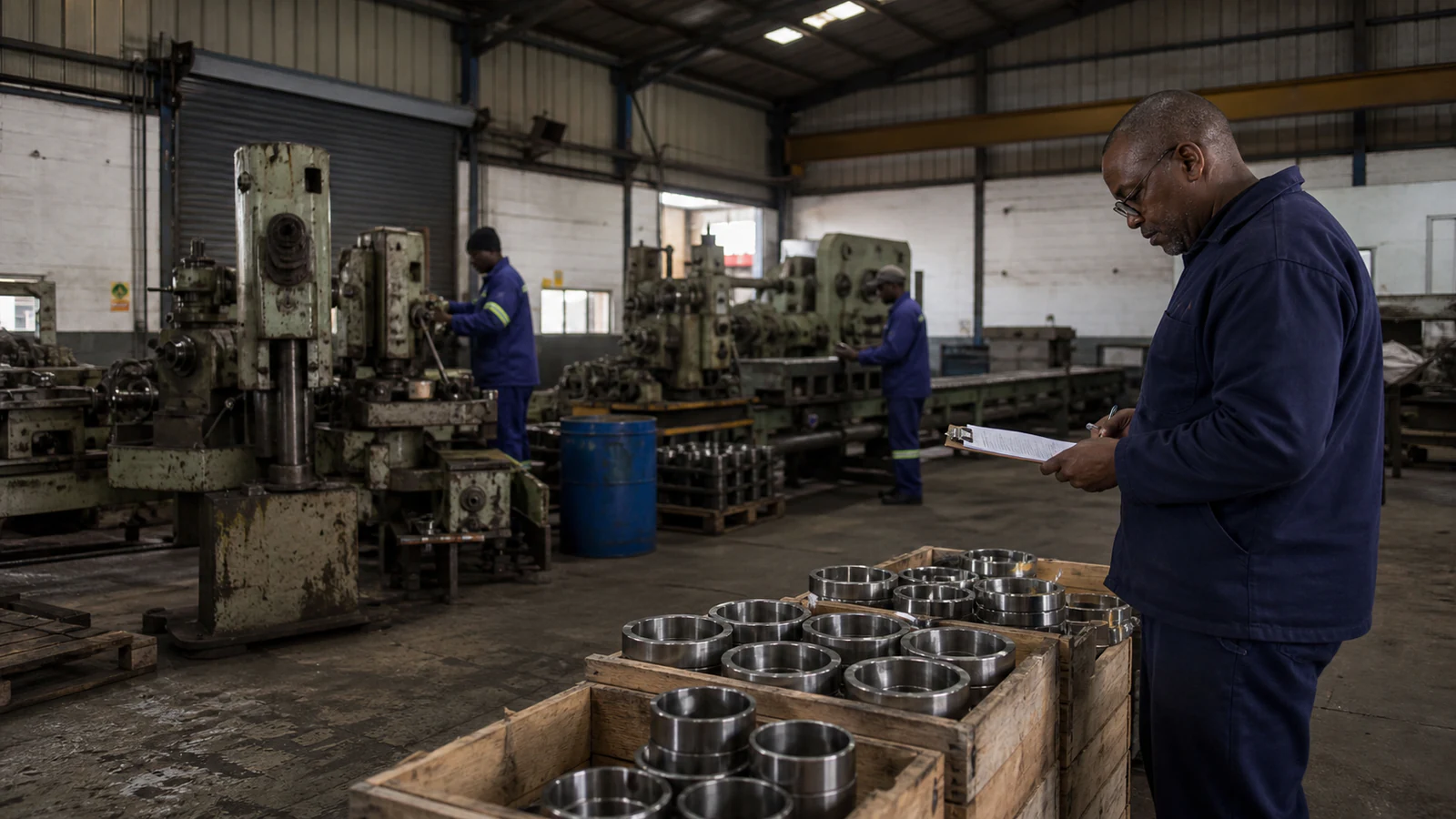 South African manufacturing engineers inspecting an underused production line during a factory slowdown.