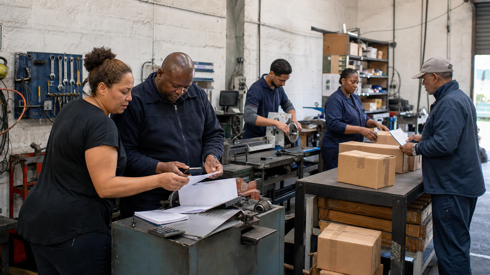 South African small-business operators working in a light-industrial workshop with tools, equipment and packaged goods ready for delivery.