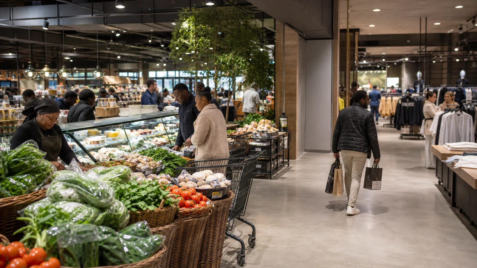 A modern South African premium supermarket food hall with shoppers, fresh produce displays and staff working under natural retail lighting.