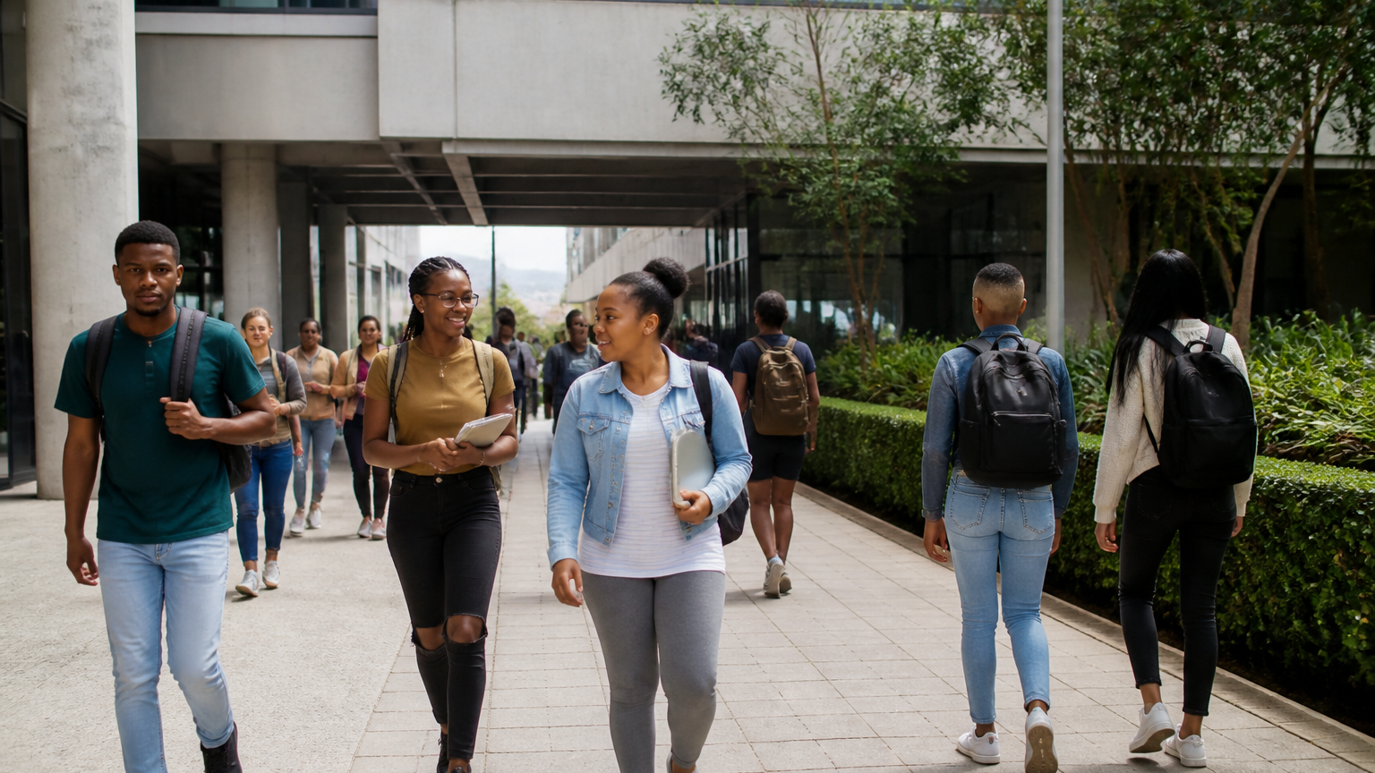 Students walk through a modern South African higher-education campus.