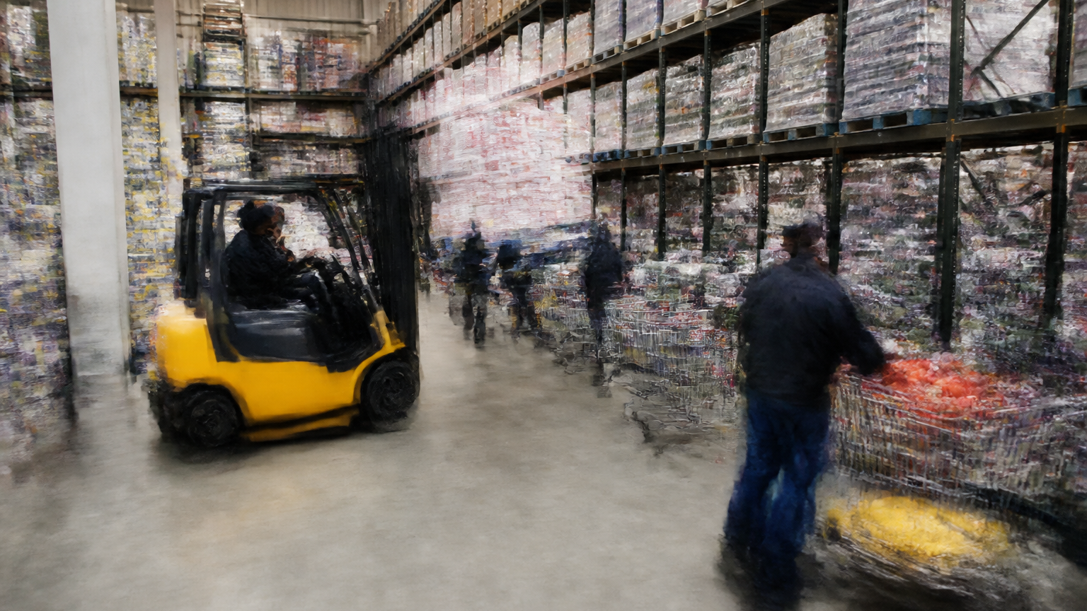 A South African cash-and-carry wholesale warehouse with stacked grocery pallets, forklifts and small-business customers collecting stock.
