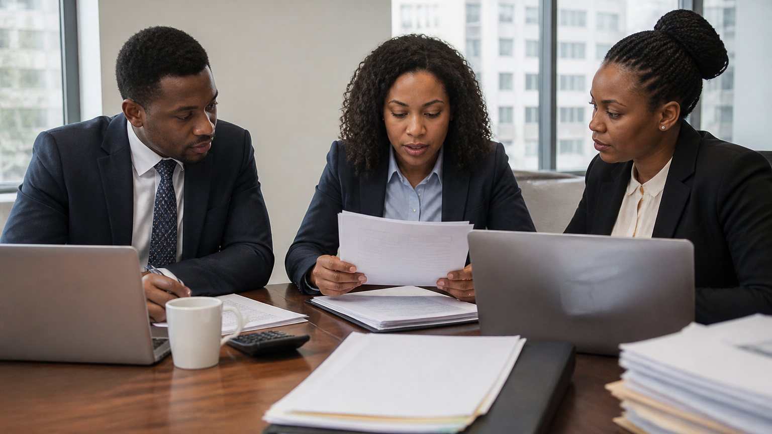 Finance and tax professionals in a South African multinational business reviewing global tax compliance records and cross-border entity data.