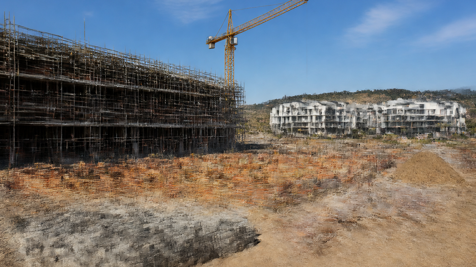A large South African residential development under construction with apartment blocks, workers and a tower crane.