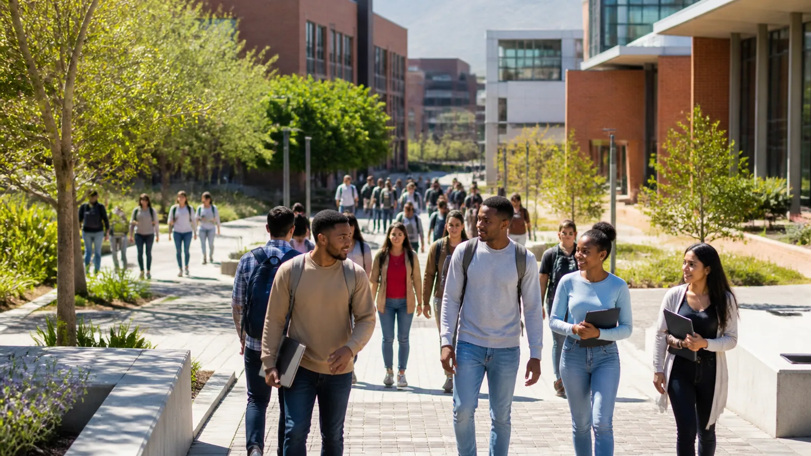 Students walking through a modern South African private higher-education campus representing STADIO’s expanding enrolments and investment in capacity.