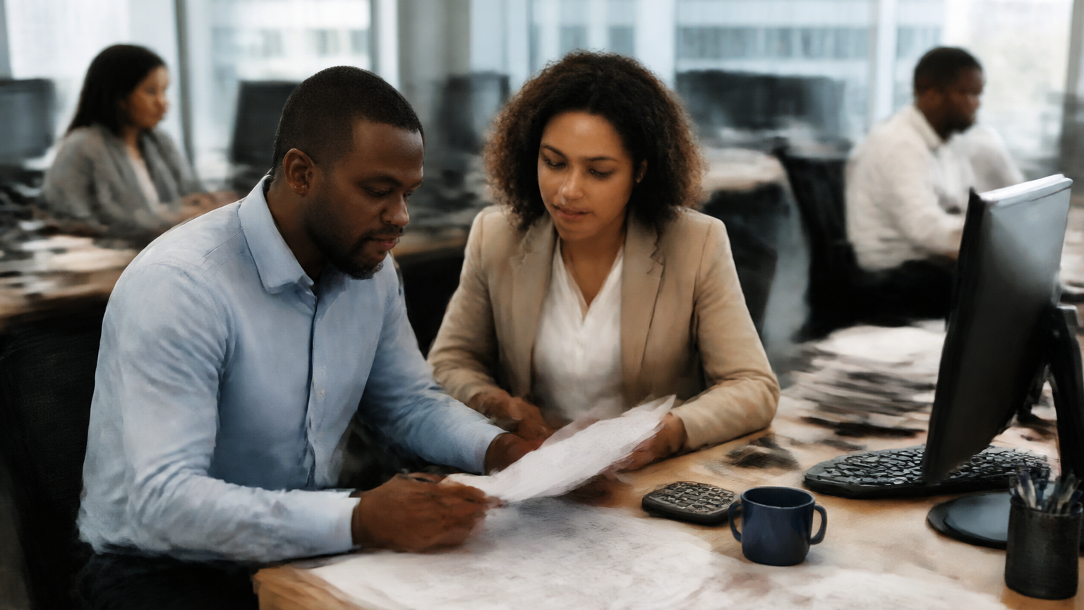 Payroll and finance staff review employer tax reconciliation records in a South African office.