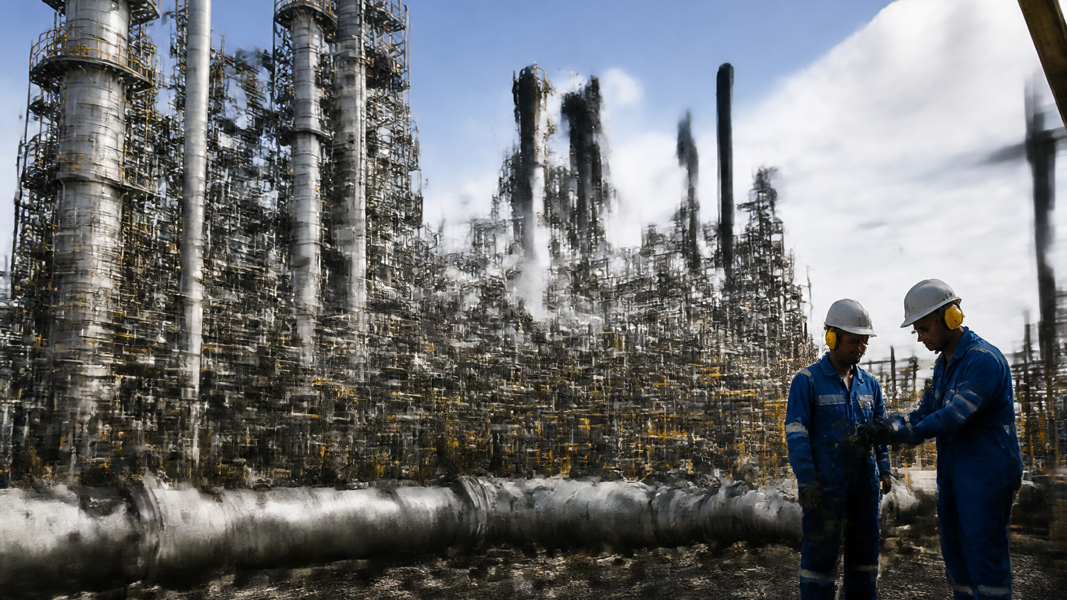 Industrial workers inspecting pipelines and processing equipment at a large South African petrochemical plant.