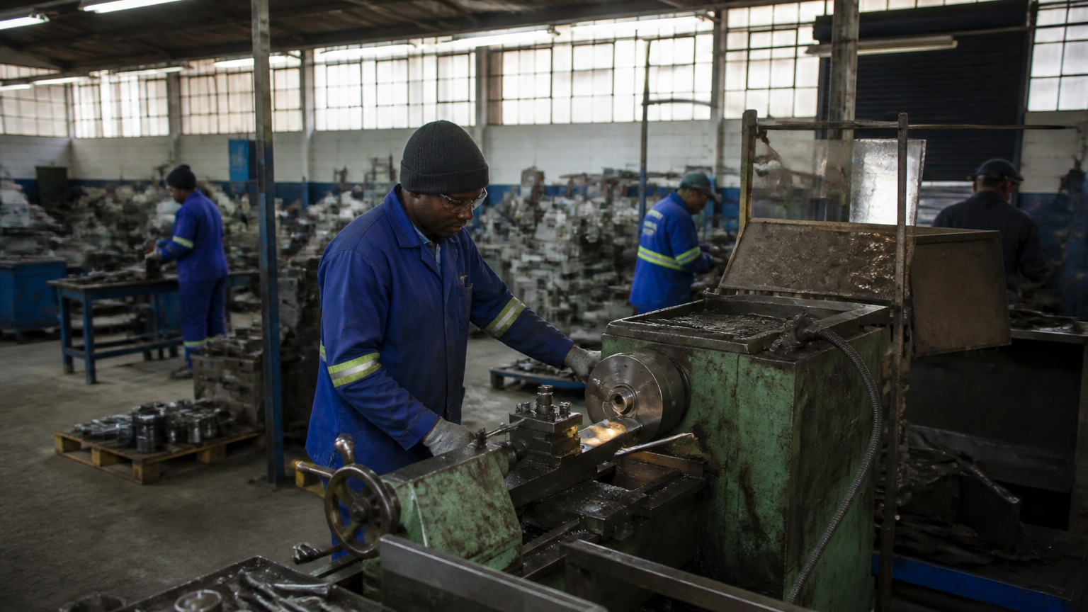 Factory workers operating machinery on a South African manufacturing production floor.