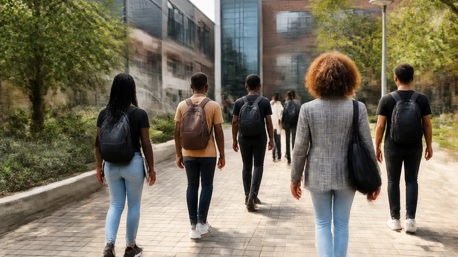 Students at a modern South African private higher-education campus illustrating STADIO's growth.