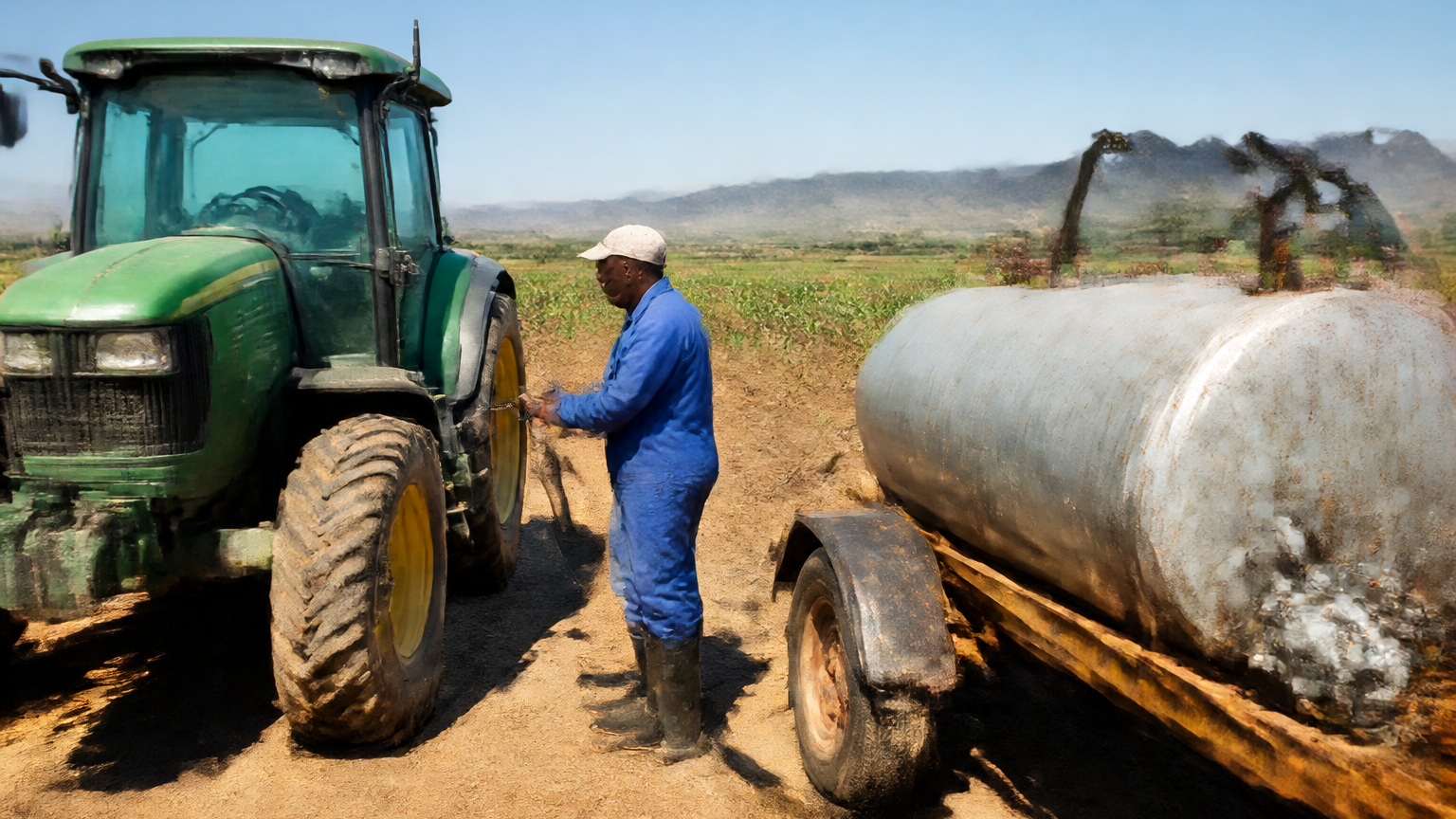 A farm worker refuels agricultural machinery on a South African farm.