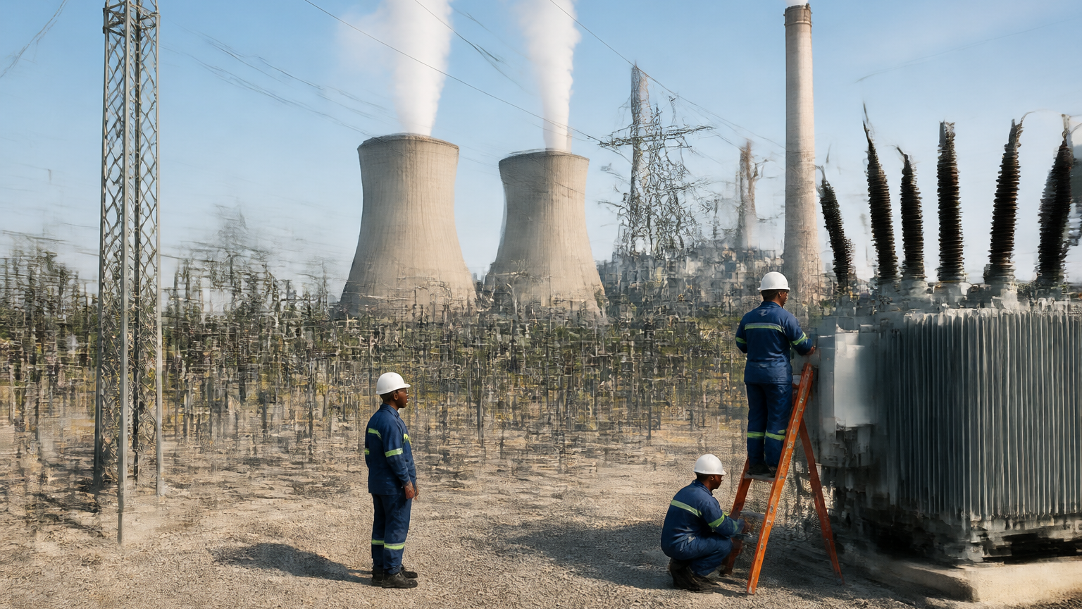 South African electricity transmission and generation infrastructure illustrating Eskom's second consecutive annual profit.