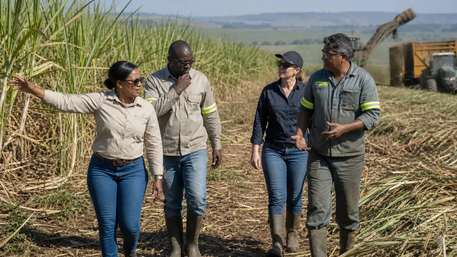 South African sugar-industry specialists inspecting a KwaZulu-Natal sugarcane harvest.