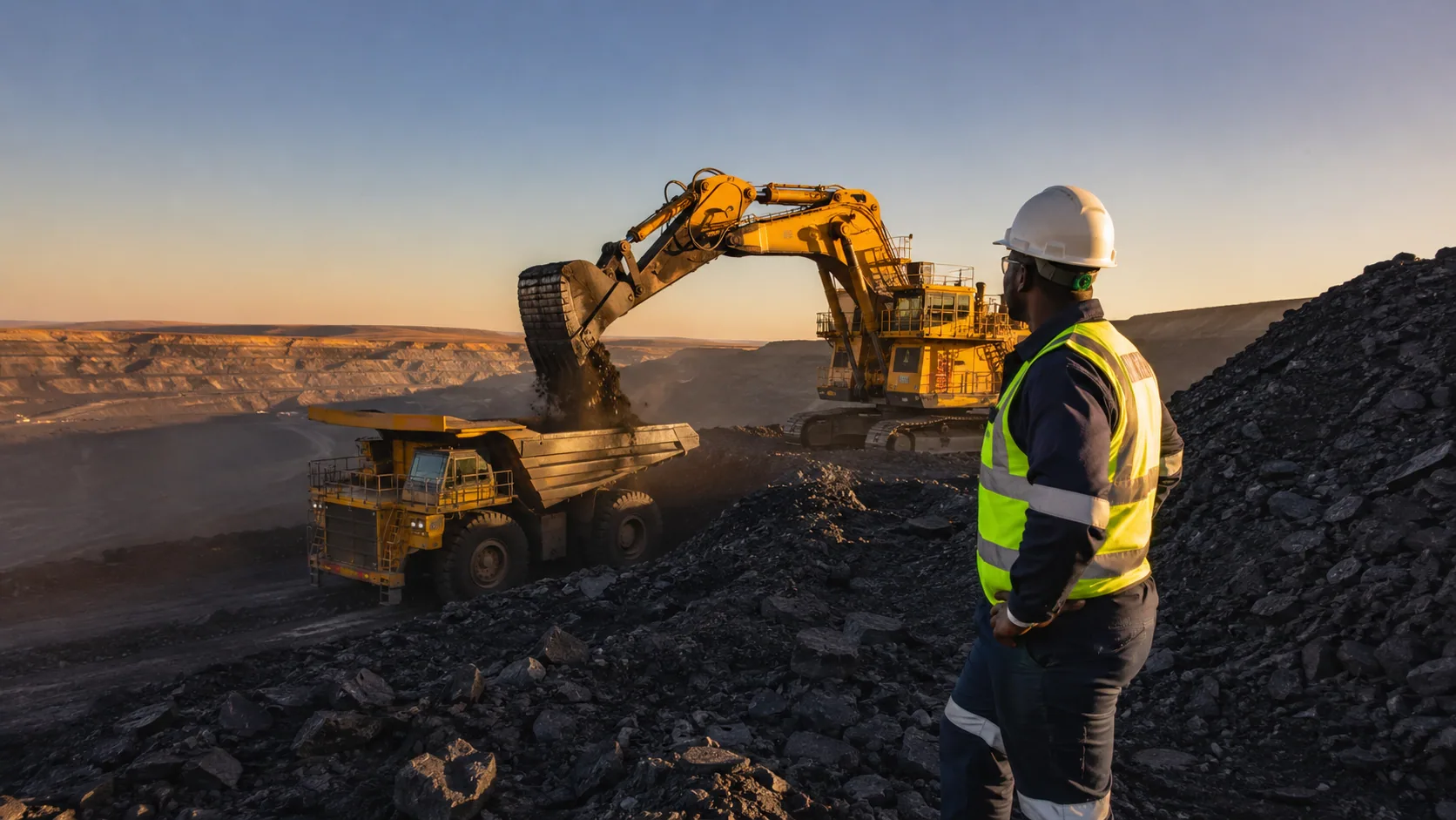 Mining worker overlooking heavy earthmoving equipment operating at a large South African mine.